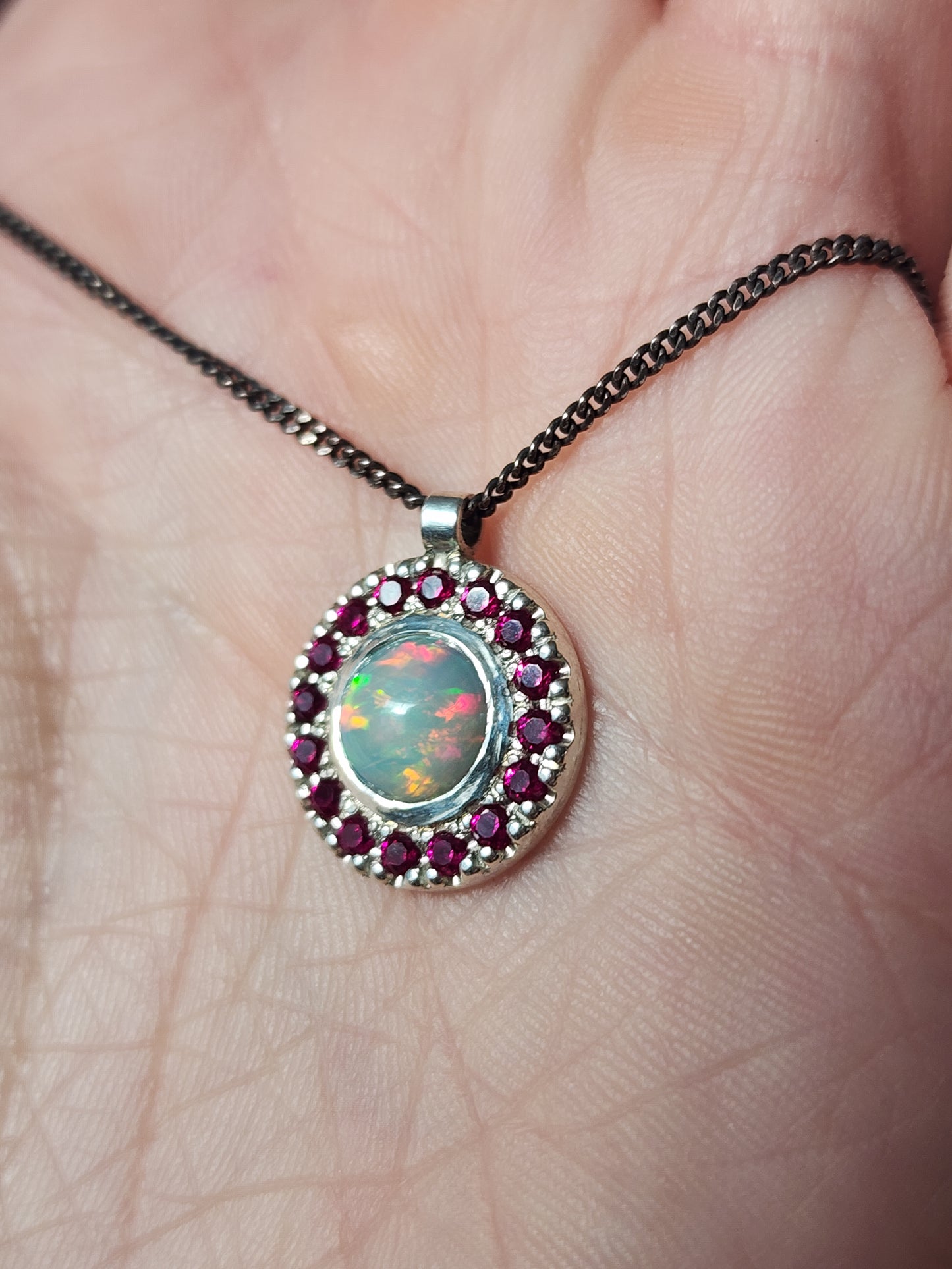 Argentium® Silver Pendant, Natural Opal and Garnet Halo Pendant