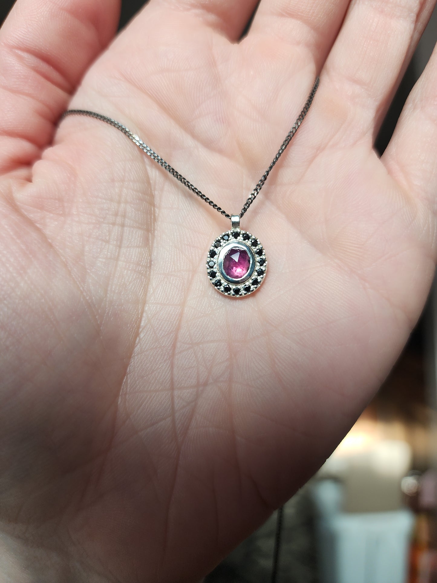 Argentium® Silver Pendant, Pink Sapphire Halo, Handmade Necklace