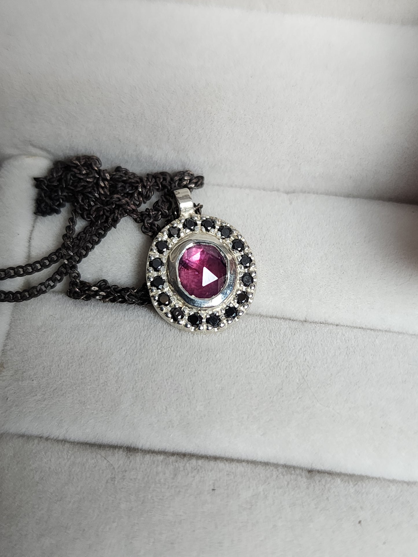Argentium® Silver Pendant, Pink Sapphire Halo, Handmade Necklace