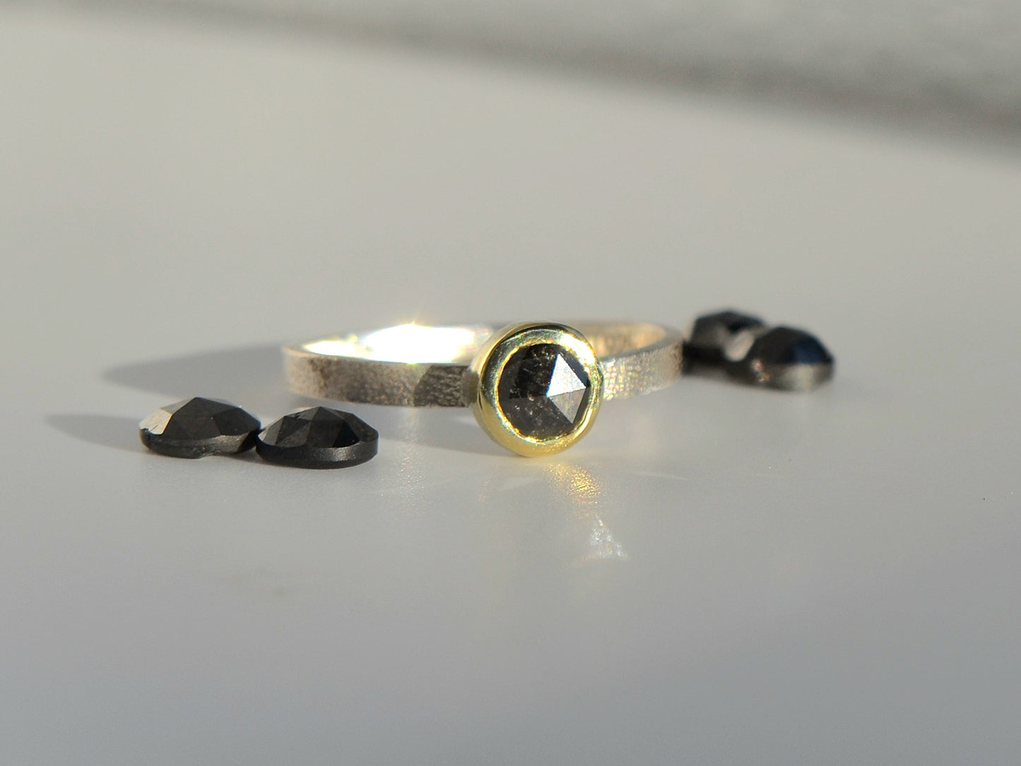 Diamond Ring 14k Solid Gold Bezel Sterling Silver Textured Band
