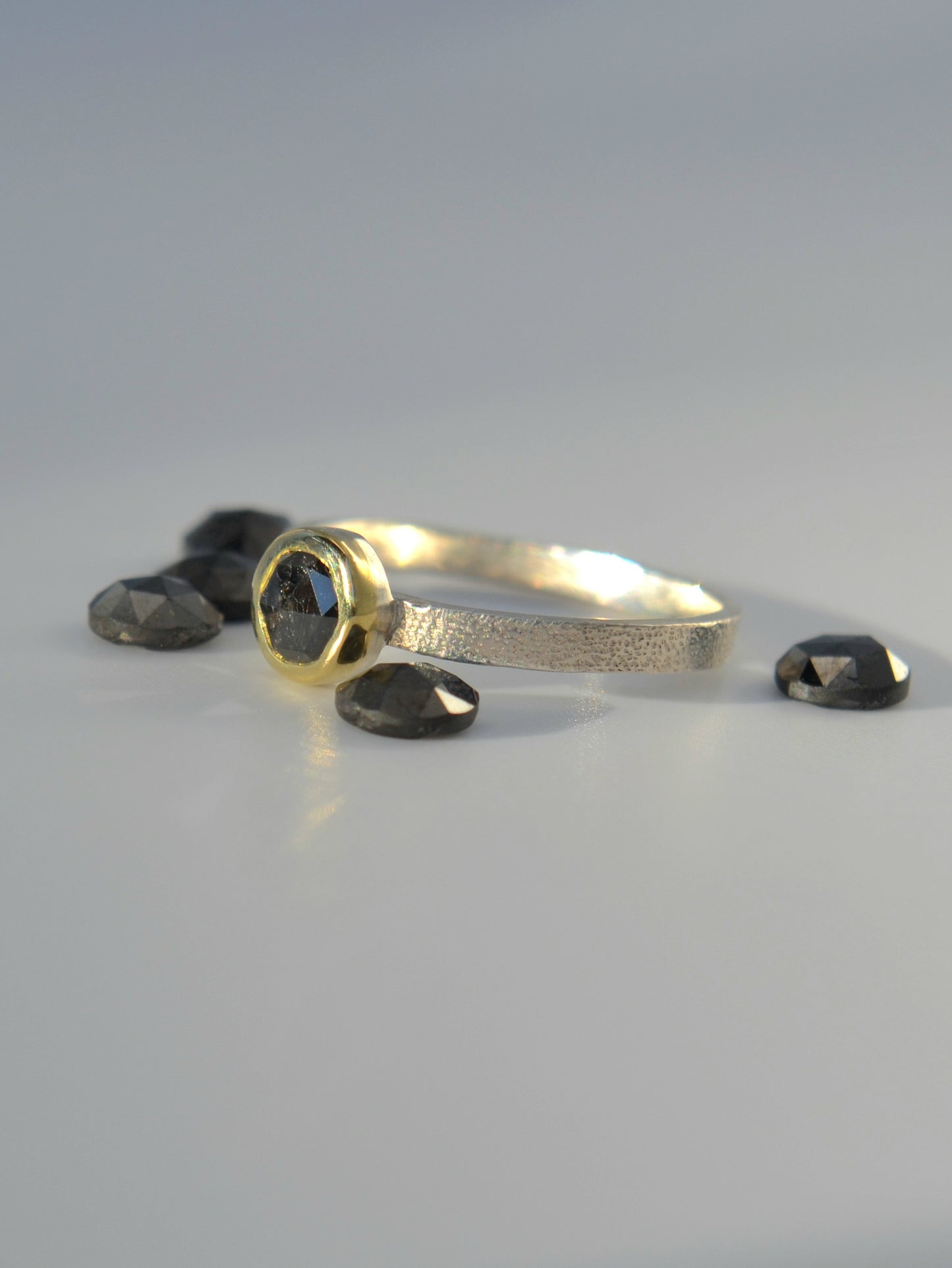 Diamond Ring 14k Solid Gold Bezel Sterling Silver Textured Band