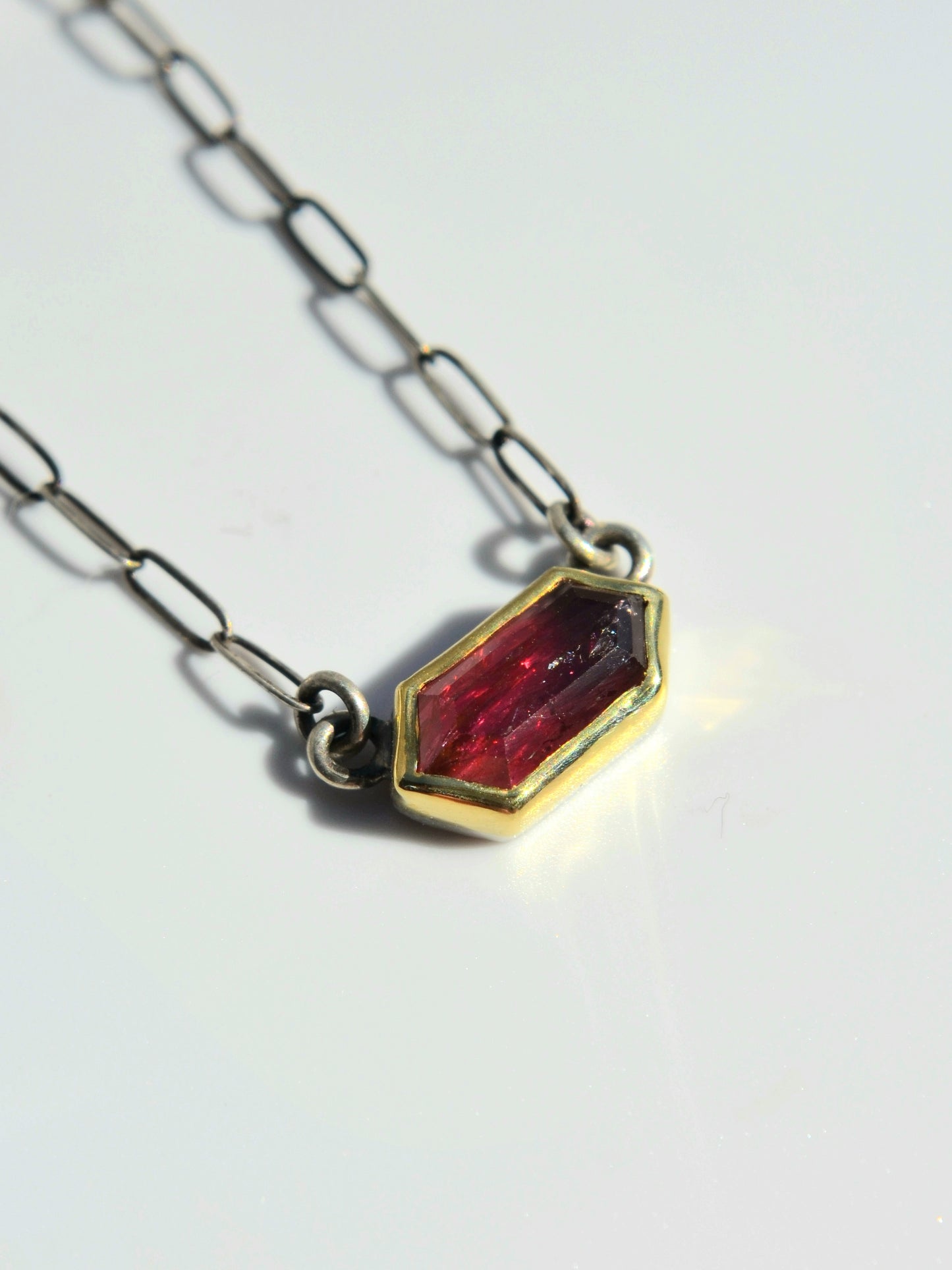 Solid Yellow Gold Ruby Pendant, Ruby Necklace, Paperclip Chain, Sterling Silver Red Sapphire