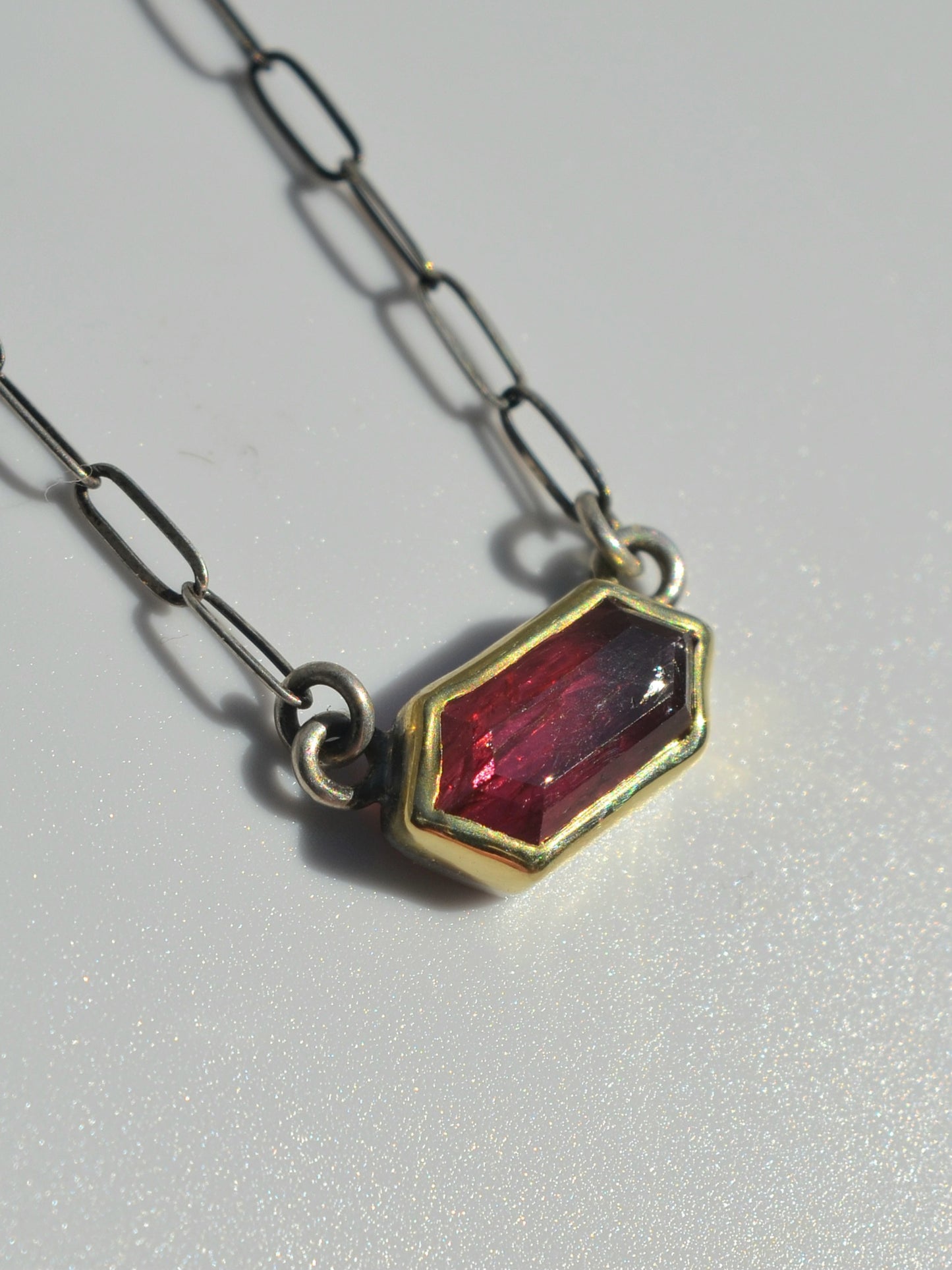 Solid Yellow Gold Ruby Pendant, Ruby Necklace, Paperclip Chain, Sterling Silver Red Sapphire