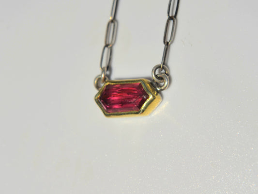 Solid Yellow Gold Ruby Pendant, Ruby Necklace, Paperclip Chain, Sterling Silver Red Sapphire