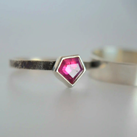 Pink Winza Sapphire, Natural Gemstone Ring, Sterling Silver, Antique Minimalist Inspired Ring Set, Textured Band, Size 7.5 U.S.