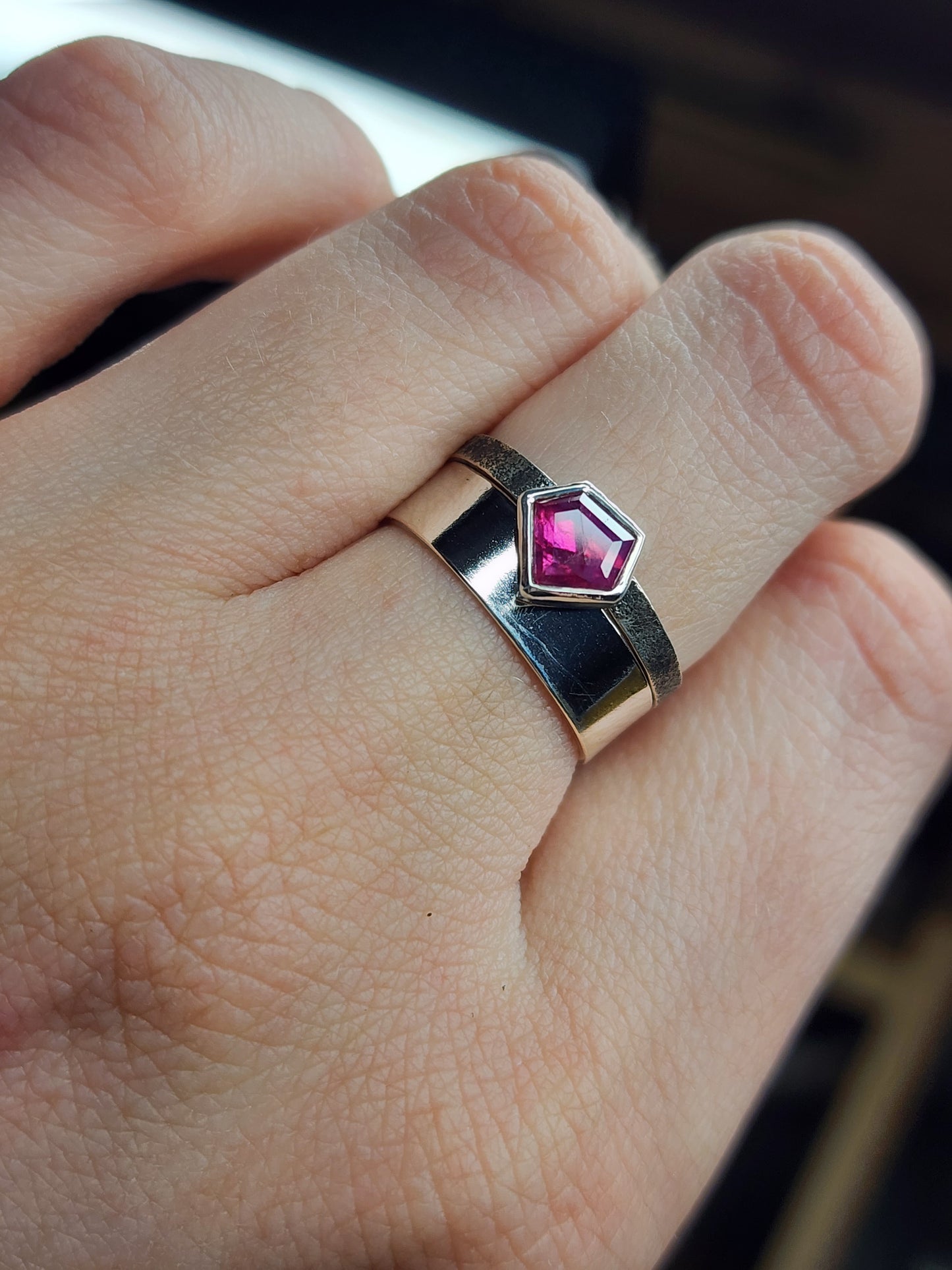 Pink Winza Sapphire, Natural Gemstone Ring, Sterling Silver, Antique Minimalist Inspired Ring Set, Textured Band, Size 7.5 U.S.