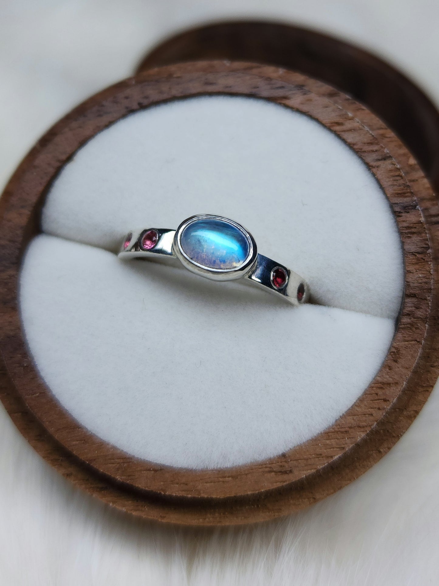 Pink Tourmaline & Rainbow Moonstone Sterling Silver Ring Size 7.75 U.S.