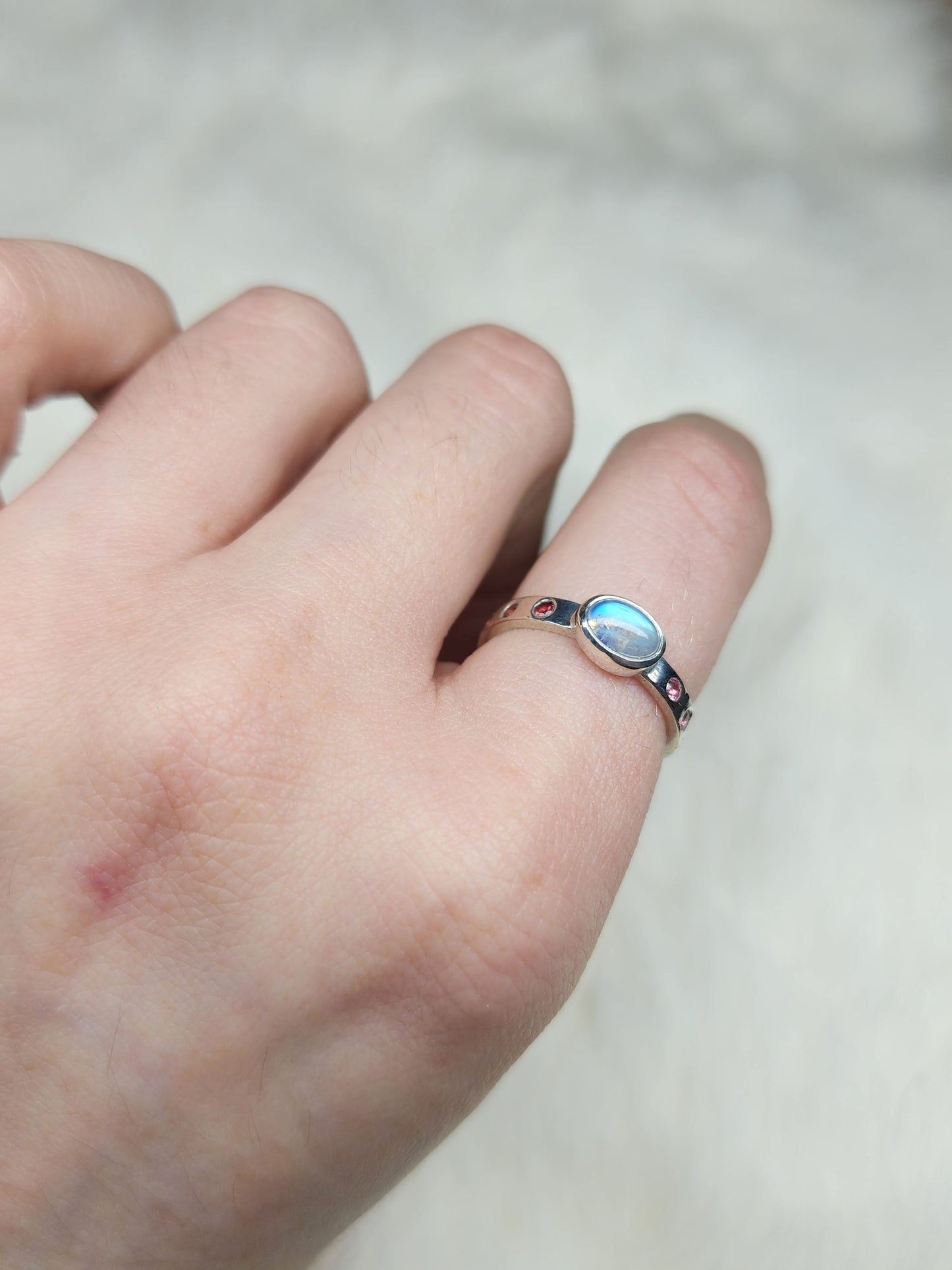 Pink Tourmaline & Rainbow Moonstone Sterling Silver Ring Size 7.75 U.S.