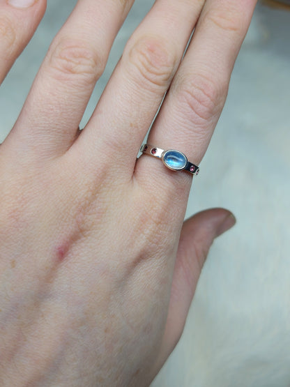 Pink Tourmaline & Rainbow Moonstone Sterling Silver Ring Size 7.75 U.S.