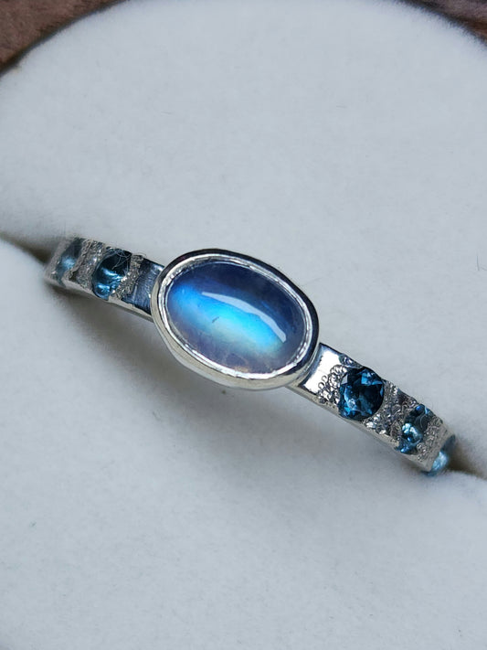 London Blue Topaz & Rainbow Moonstone Ring Size 8.25 U.S.