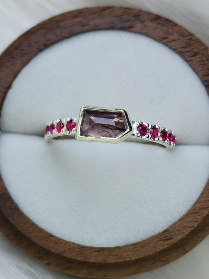 Natural Spinel sterling silver ring, 10 karat yellow gold bezel, pave set synthetic garnet