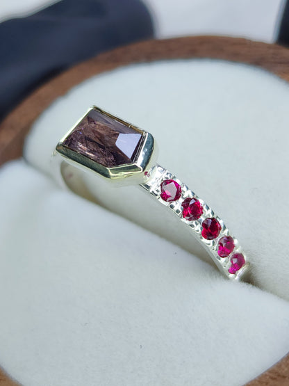 Natural Spinel sterling silver ring, 10 karat yellow gold bezel, pave set synthetic garnet