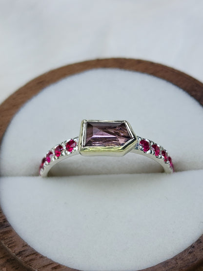 Natural Spinel sterling silver ring, 10 karat yellow gold bezel, pave set synthetic garnet