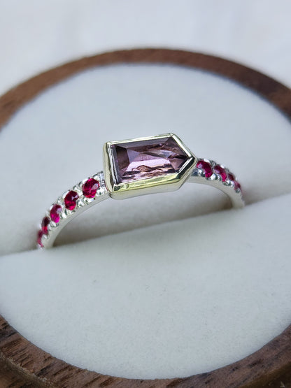 Natural Spinel sterling silver ring, 10 karat yellow gold bezel, pave set synthetic garnet