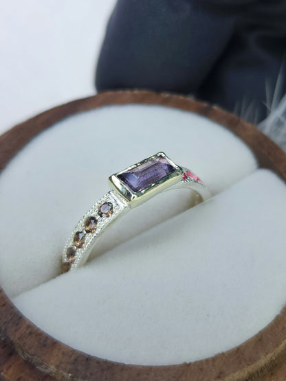 Pave milgrain, natural spinel ring, 10 karat yellow gold bezel, pink brown stones, sterling silver ring