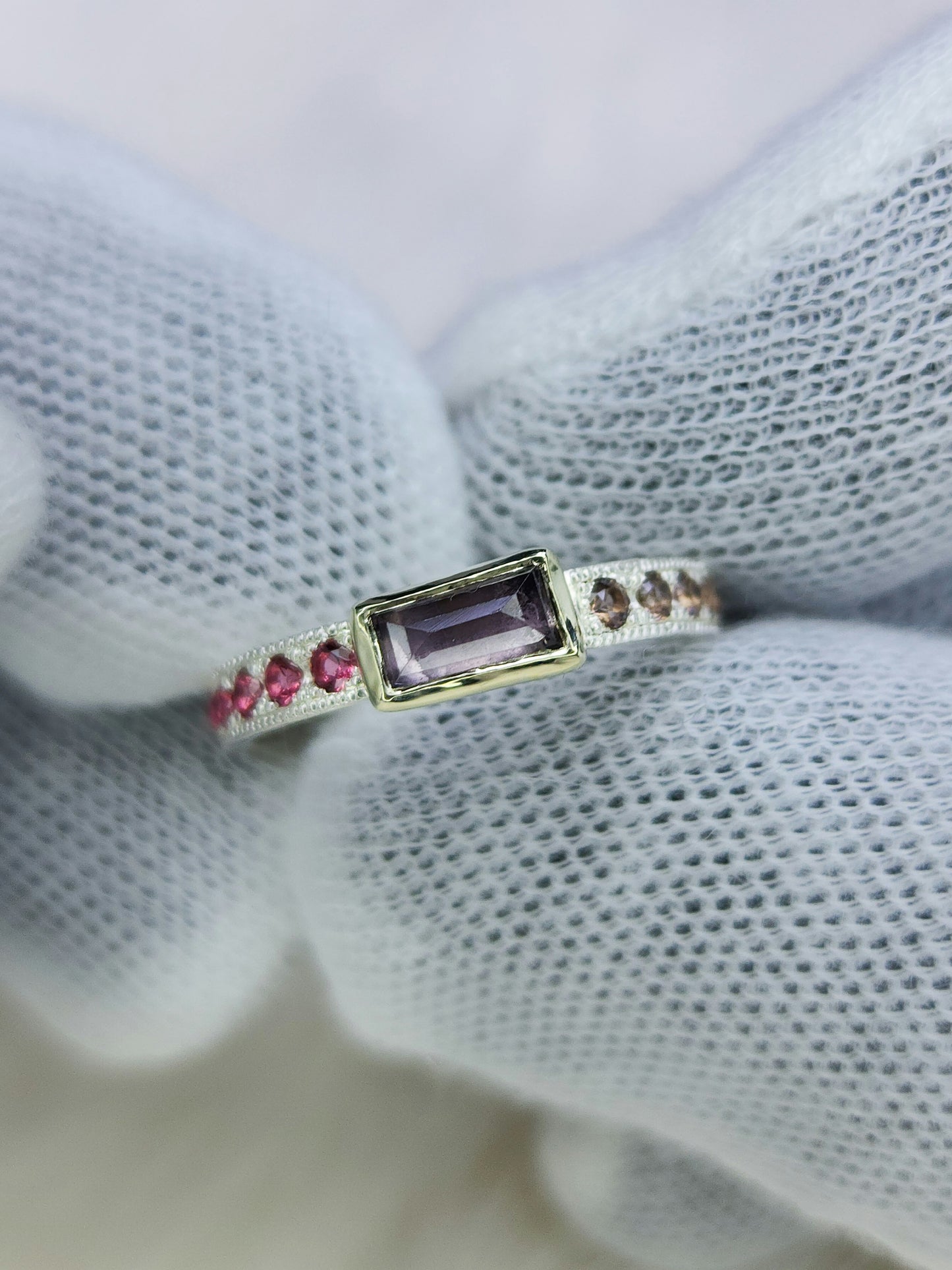 Pave milgrain, natural spinel ring, 10 karat yellow gold bezel, pink brown stones, sterling silver ring