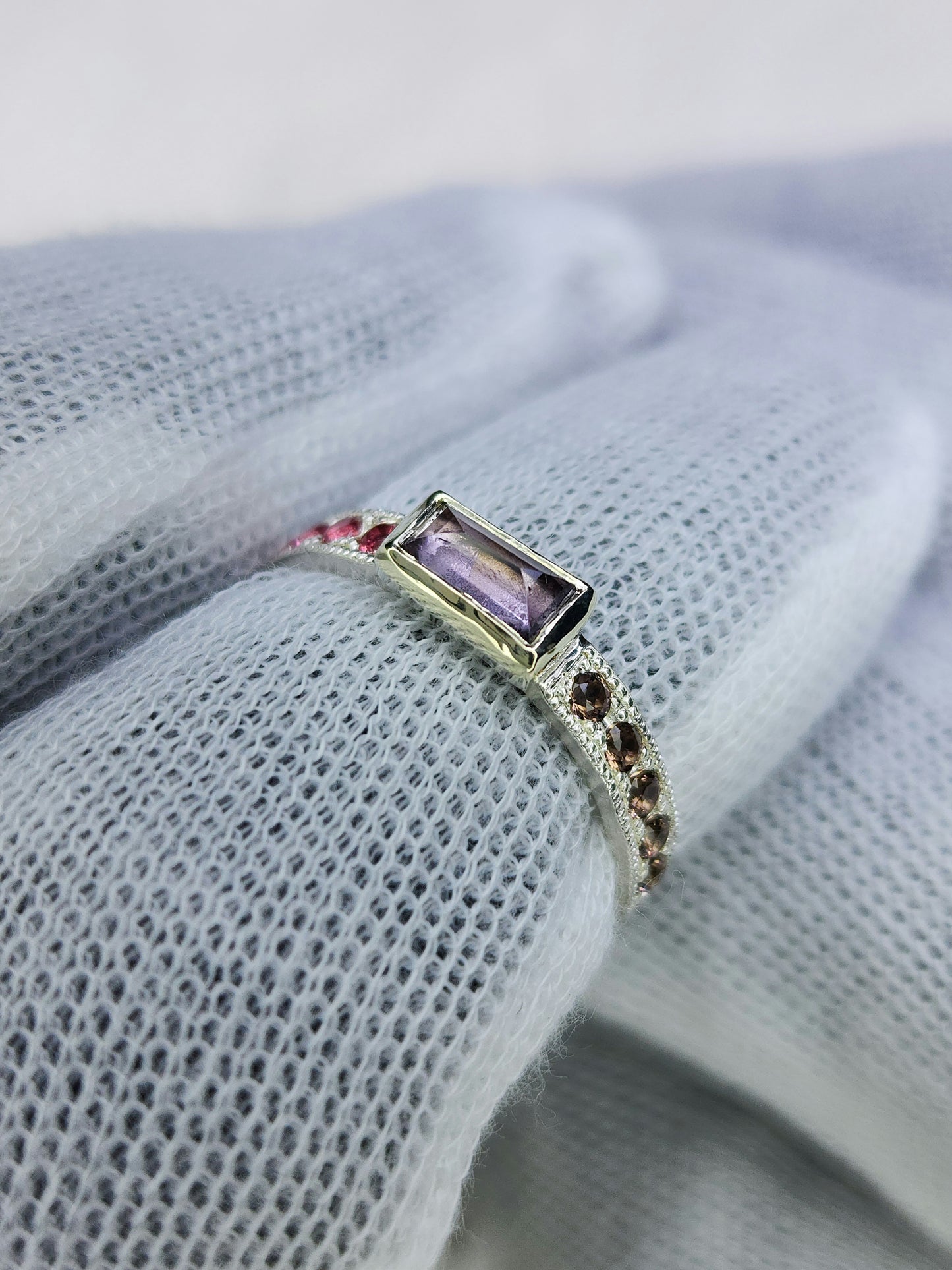 Pave milgrain, natural spinel ring, 10 karat yellow gold bezel, pink brown stones, sterling silver ring