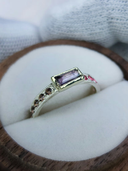 Pave milgrain, natural spinel ring, 10 karat yellow gold bezel, pink brown stones, sterling silver ring