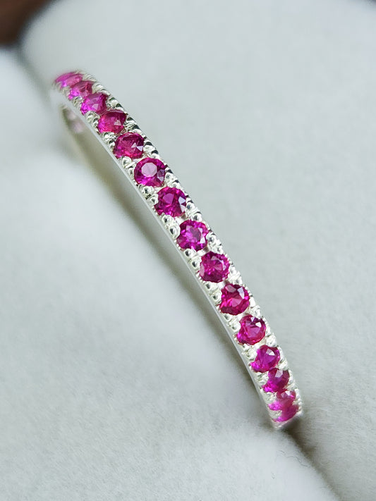 Sterling silver eternity ring, synthetic rubies 3/4 pave set, stacker ring