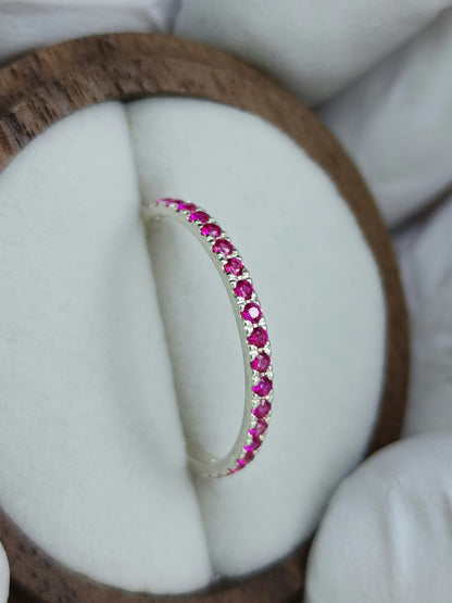 Sterling silver eternity ring, synthetic rubies 3/4 pave set, stacker ring