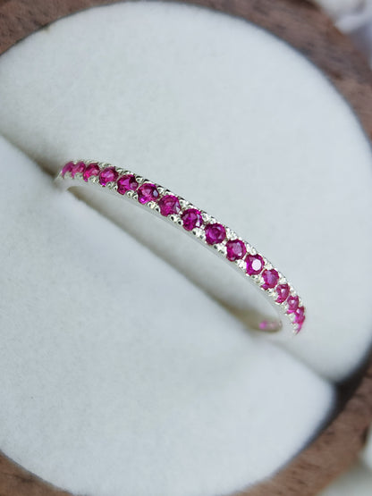 Sterling silver eternity ring, synthetic rubies 3/4 pave set, stacker ring