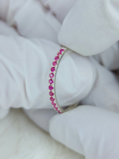 Sterling silver eternity ring, synthetic rubies 3/4 pave set, stacker ring