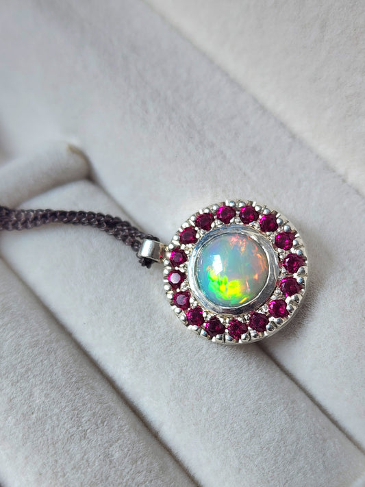 Argentium® Silver Pendant, Natural Opal and Garnet Halo Pendant