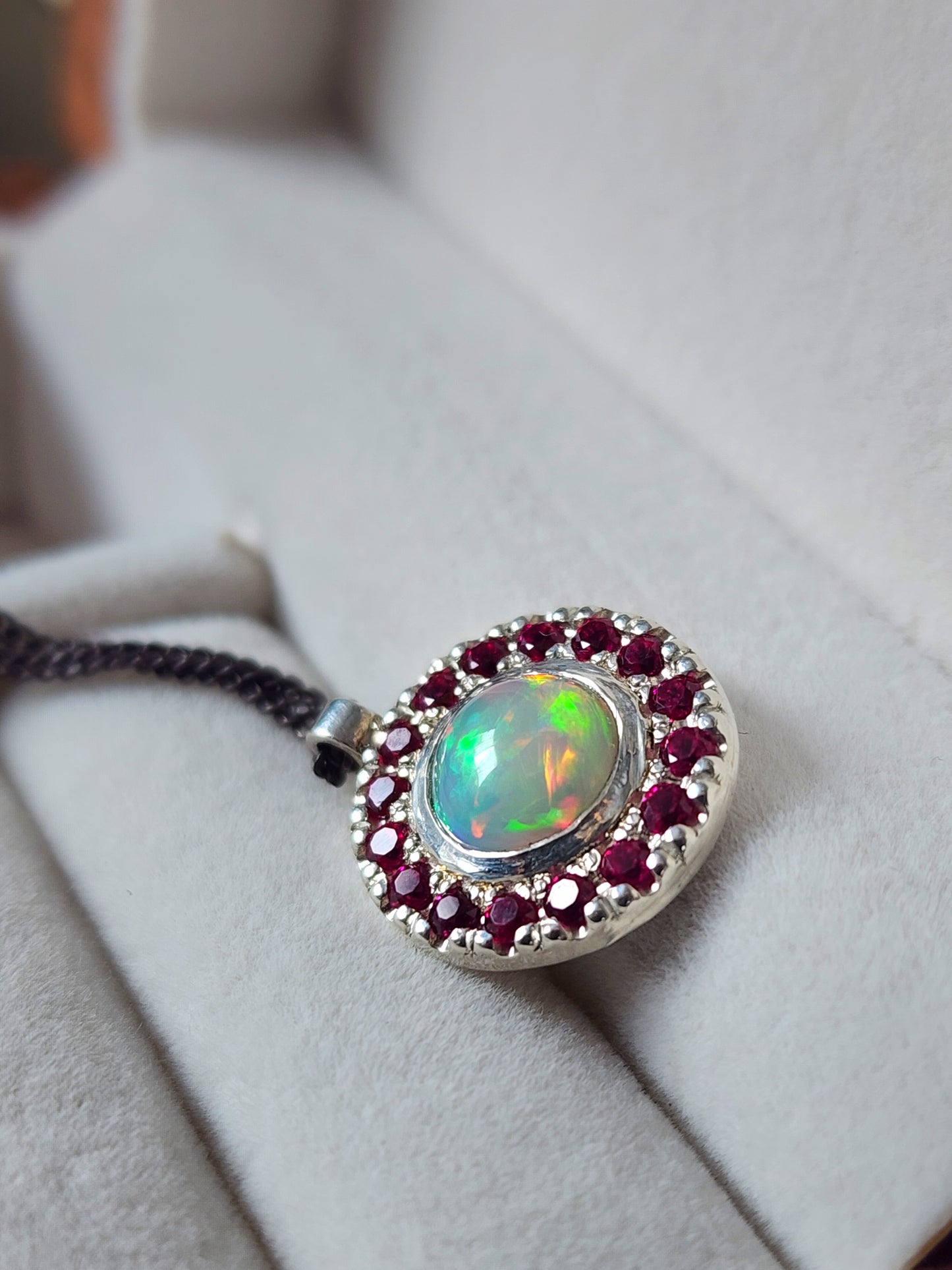 Argentium® Silver Pendant, Natural Opal and Garnet Halo Pendant