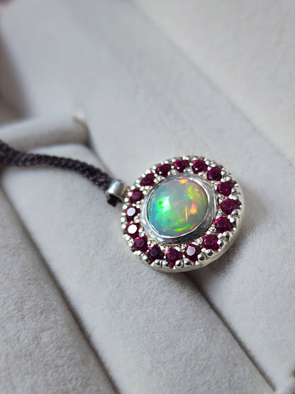 Argentium® Silver Pendant, Natural Opal and Garnet Halo Pendant