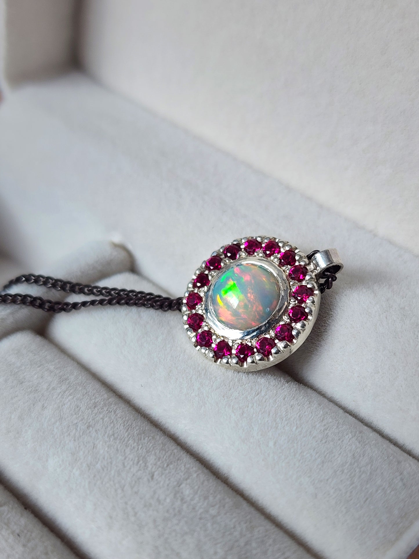 Argentium® Silver Pendant, Natural Opal and Garnet Halo Pendant