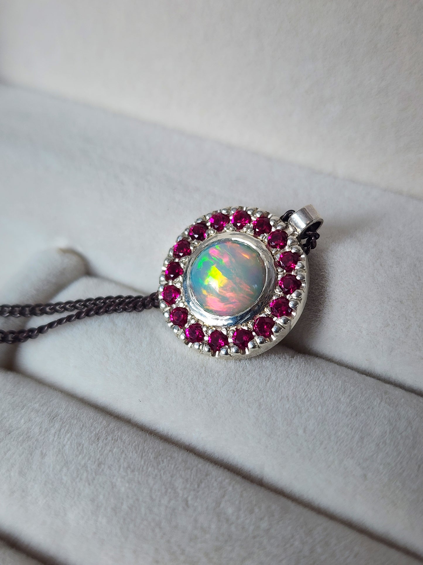 Argentium® Silver Pendant, Natural Opal and Garnet Halo Pendant