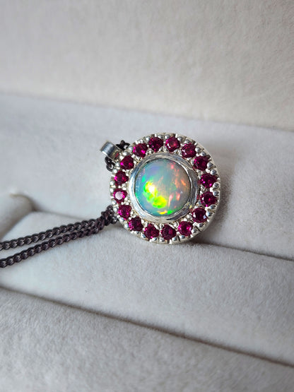 Argentium® Silver Pendant, Natural Opal and Garnet Halo Pendant