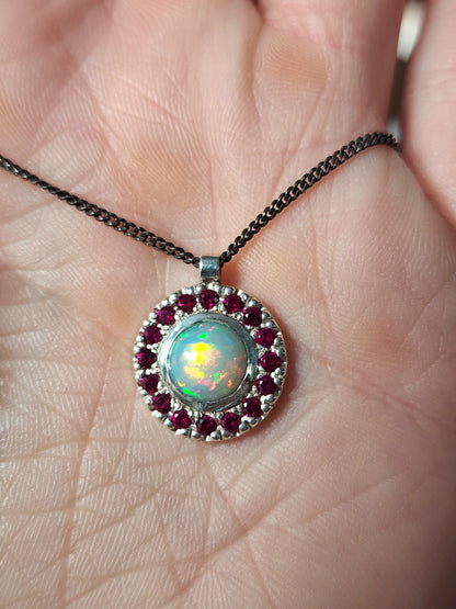 Argentium® Silver Pendant, Natural Opal and Garnet Halo Pendant