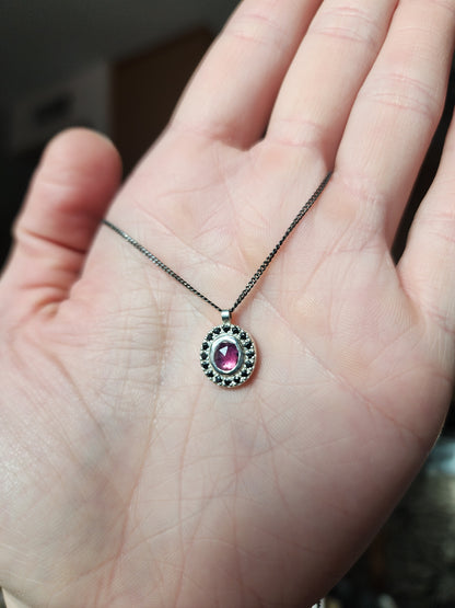 Argentium® Silver Pendant, Pink Sapphire Halo, Handmade Necklace