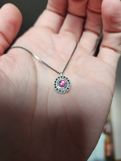 Argentium® Silver Pendant, Pink Sapphire Halo, Handmade Necklace