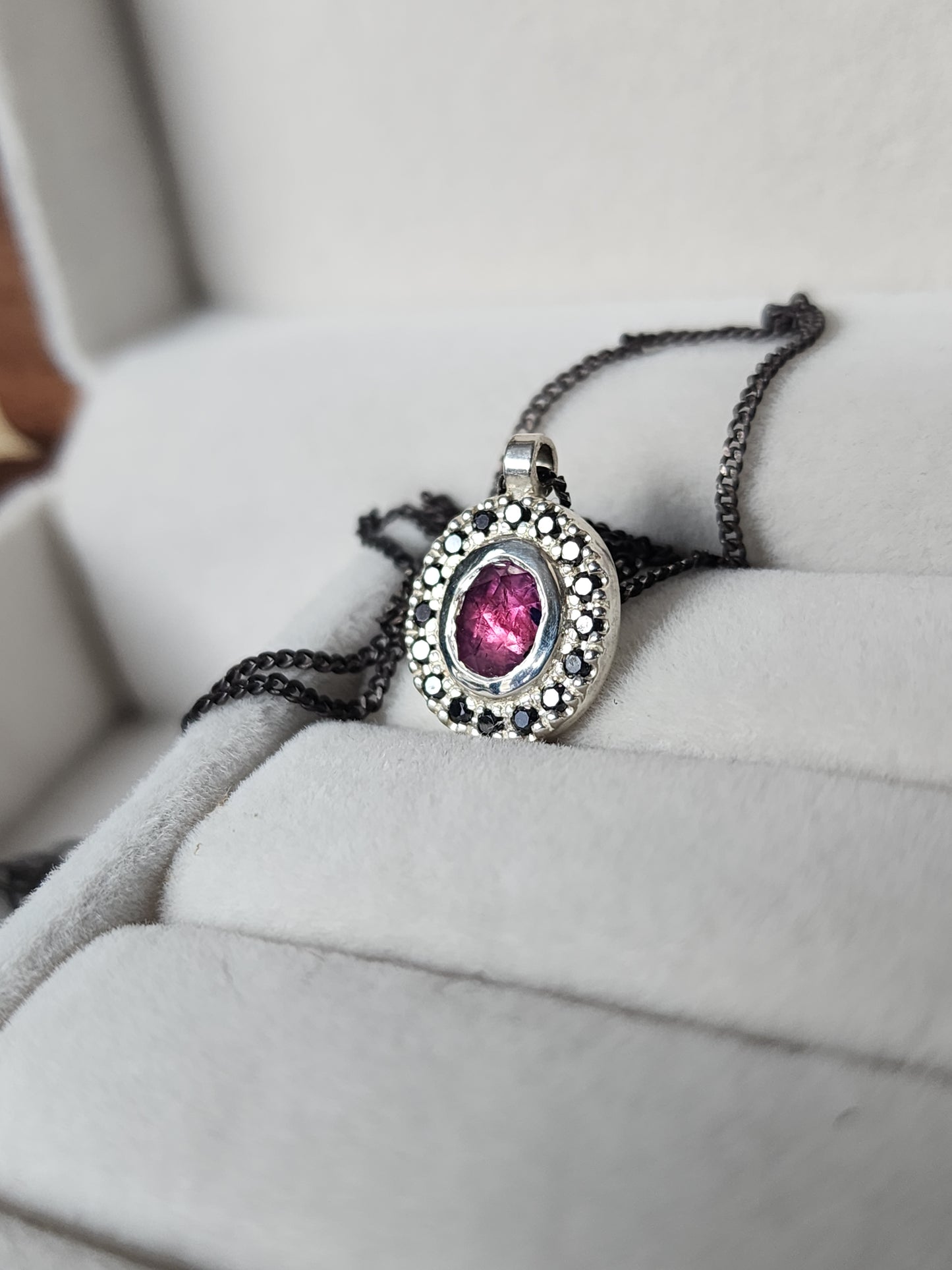 Argentium® Silver Pendant, Pink Sapphire Halo, Handmade Necklace