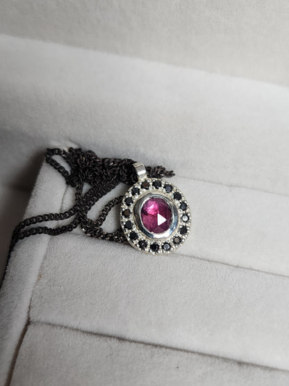 Argentium® Silver Pendant, Pink Sapphire Halo, Handmade Necklace