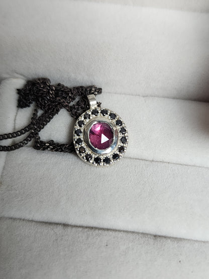 Argentium® Silver Pendant, Pink Sapphire Halo, Handmade Necklace