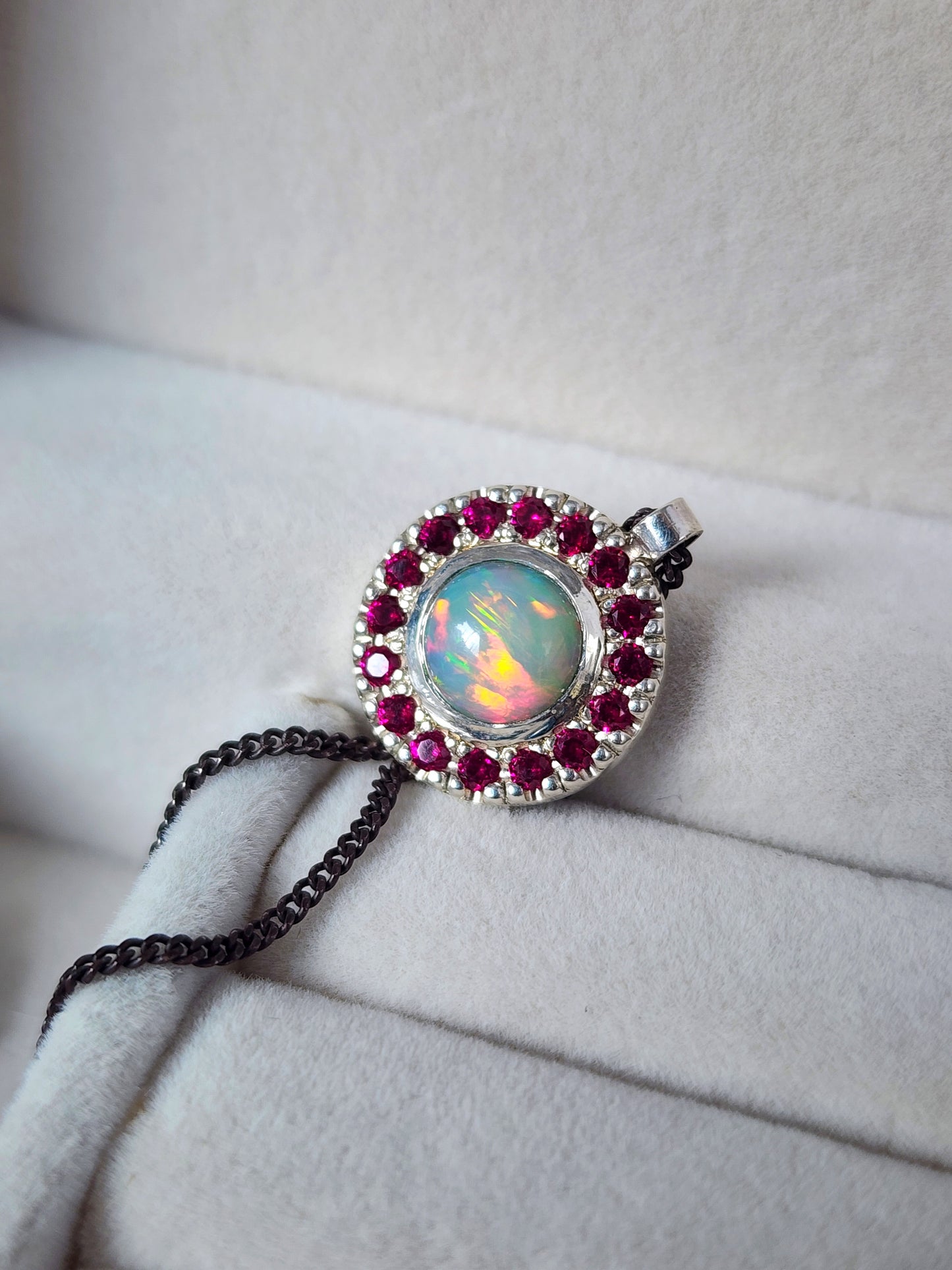 Argentium® Silver Pendant, Natural Opal and Garnet Halo Pendant