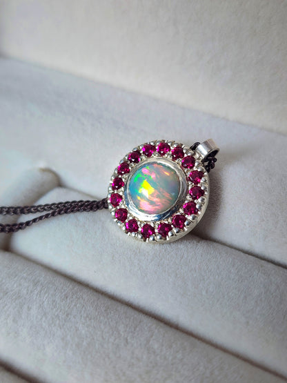 Argentium® Silver Pendant, Natural Opal and Garnet Halo Pendant