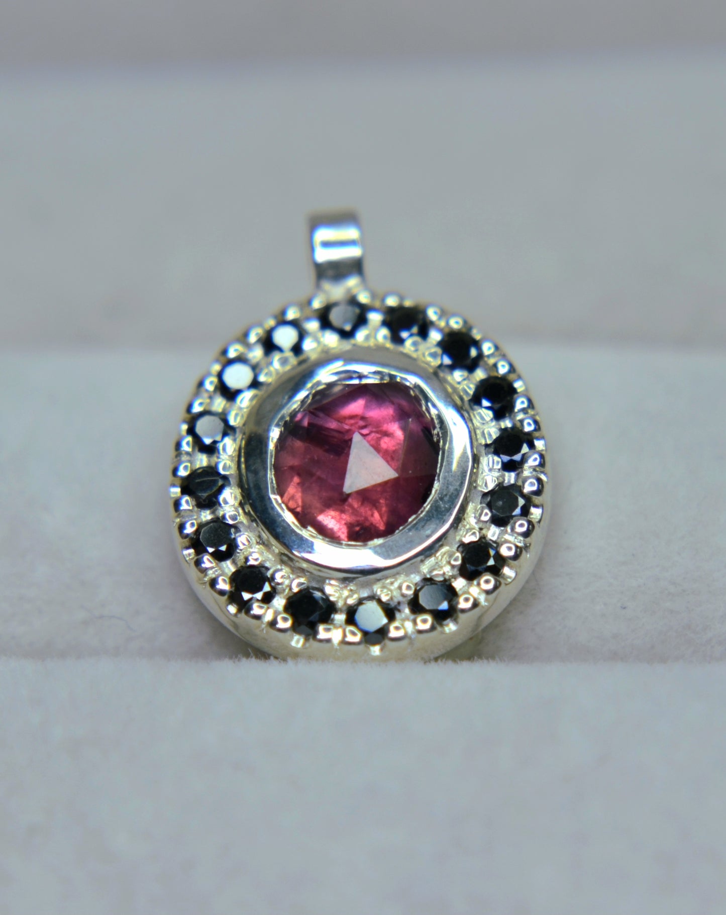 Argentium® Silver Pendant, Pink Sapphire Halo, Handmade Necklace