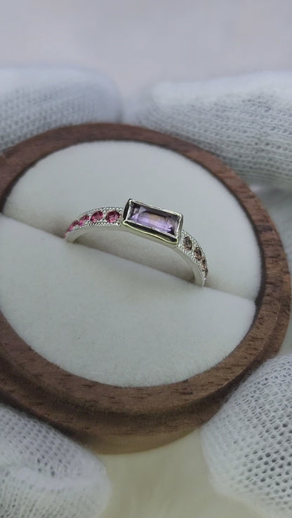 Pave milgrain, natural spinel ring, 10 karat yellow gold bezel, pink brown stones, sterling silver ring