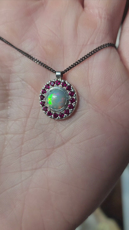 Argentium® Silver Pendant, Natural Opal and Garnet Halo Pendant