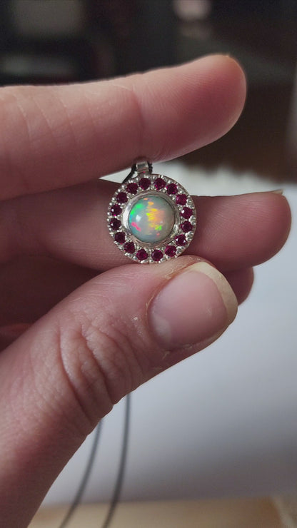 Argentium® Silver Pendant, Natural Opal and Garnet Halo Pendant