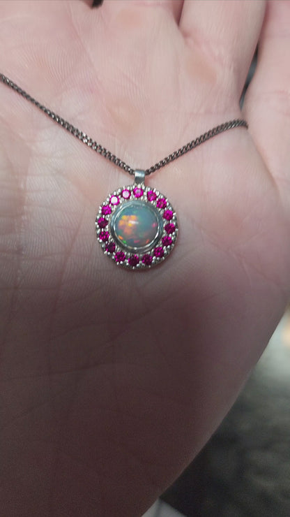 Argentium® Silver Pendant, Natural Opal and Garnet Halo Pendant