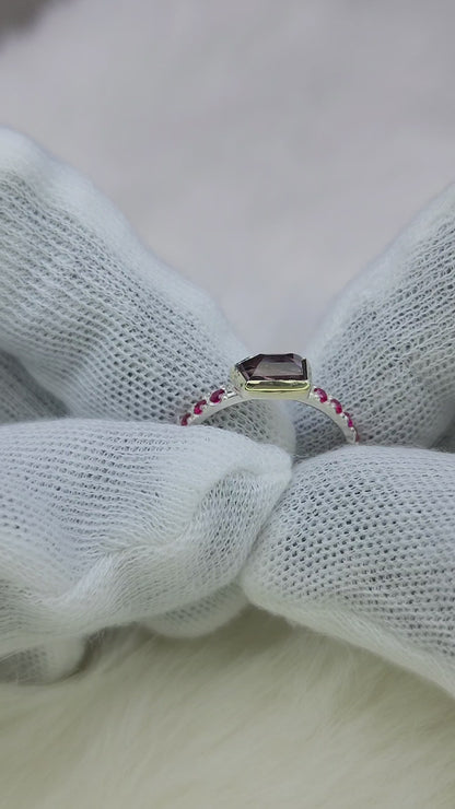 Natural Spinel sterling silver ring, 10 karat yellow gold bezel, pave set synthetic garnet